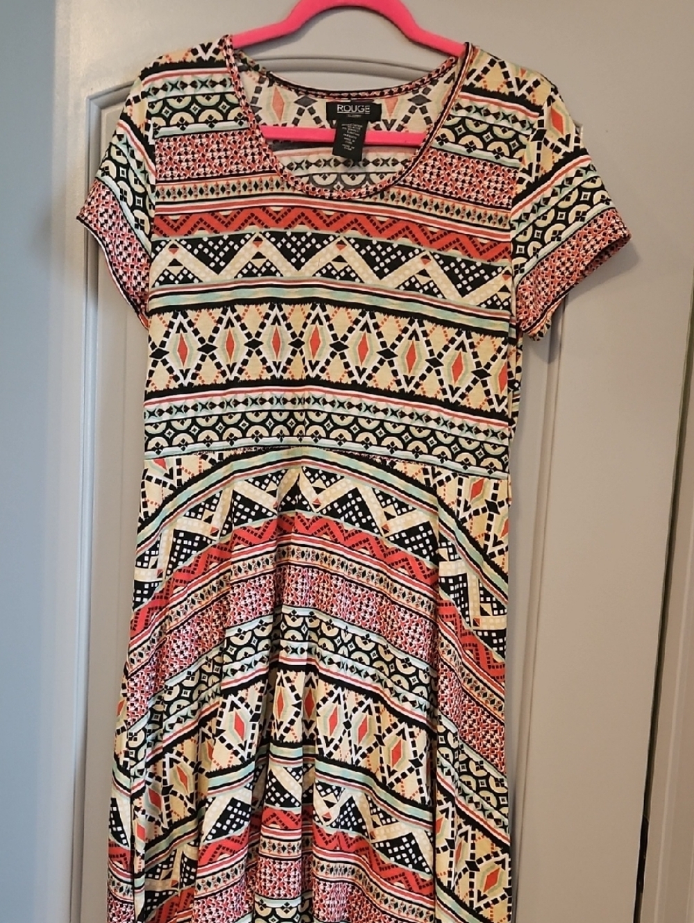 Rouge! Tribal Print Mini Dress in Coral, Black & Cream